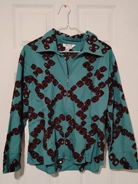 D&Y Teal Bomber Jacket with Brown Geometric Print Size XL